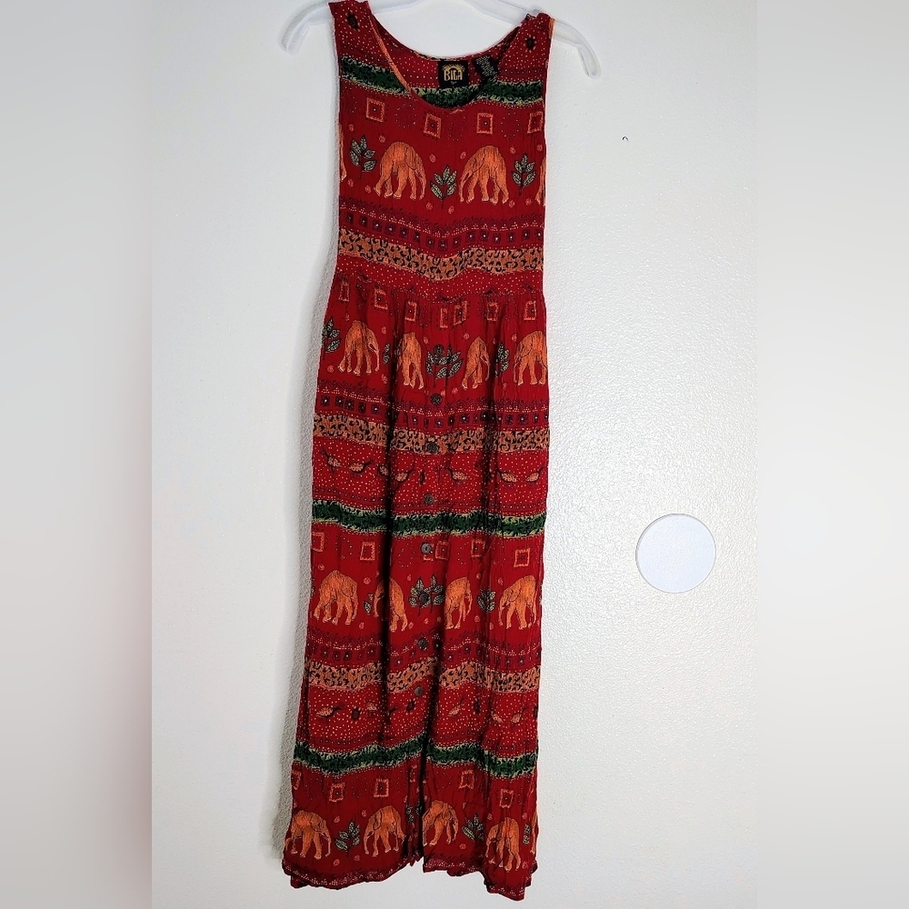 Bila Vintage Red  Animal Print Maxi Dress Sz M Rayon Sleevesless Pockets